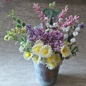 Handcrafted Floral Arrangement in Silver Bucket.